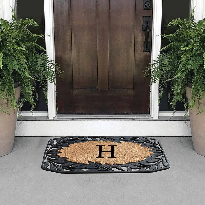 A1HC Rubber and Coir Stylish Leaf Border Large Outdoor Durable Monogrammed Doormat, Black - 23" X 38"