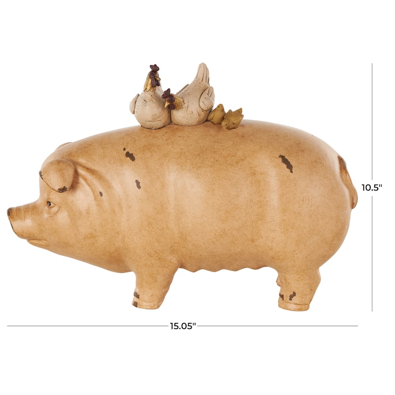 Light Brown Resin Pig Decorative Sculpture with Roosters and Chicks - 6"W x 15"L x 11"H