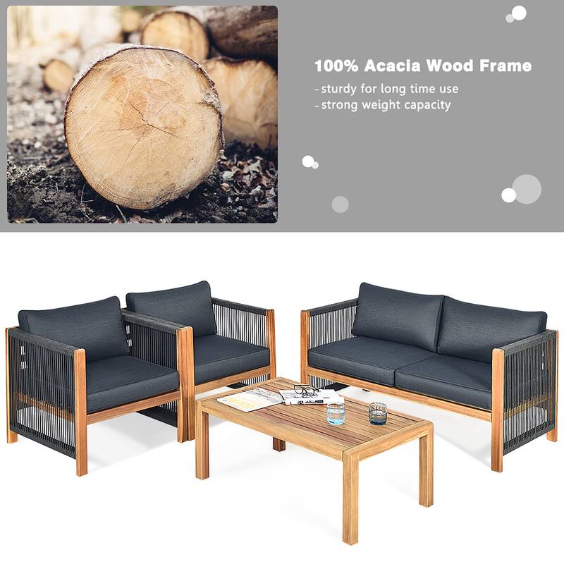 Costway 4PCS Wooden Patio Furniture Set Cushioned Sofa W/Rope Armrest - 4-Piece Sets