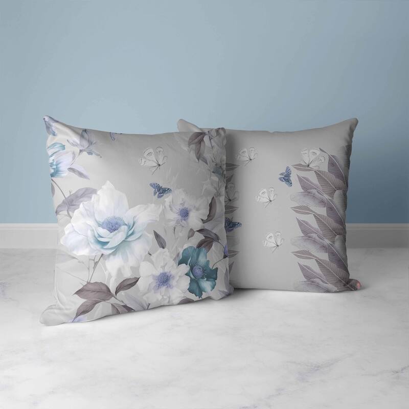 Leafy Lepidoptera Medley Faux Suede Reversible Throw Pillow Grey and Blue