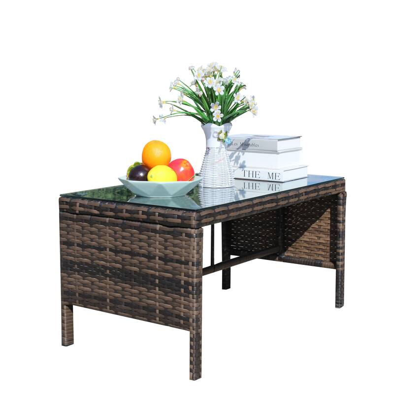 Anmytek Brown Wicker Patio Coffee Table with Tempered Glass Top, Rustic Modern Outdoor Furniture for Garden, Porch & Backyard
