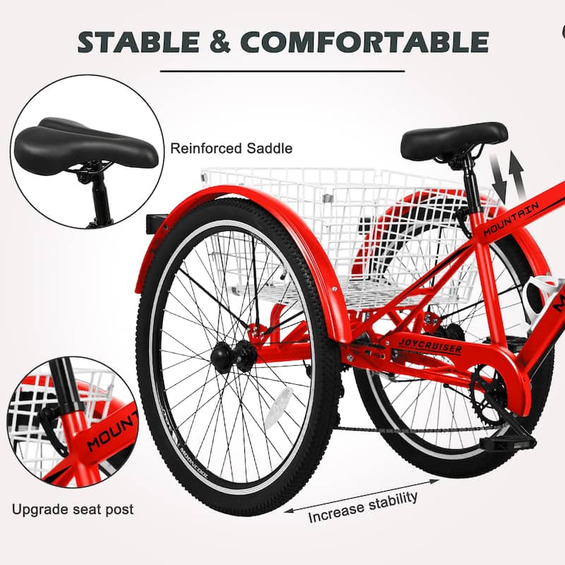 DoCred Mountain Tricycle 7 Speed 3 Wheel Bike with Basket