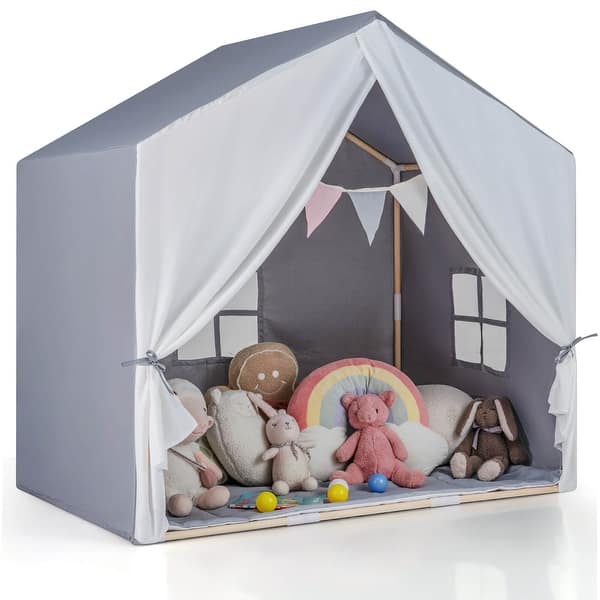 slide 2 of 12, Costway Kid's Play Tent Toddler Playhouse Castle Solid Wood Frame with - See Details Grey - See Details - Kids