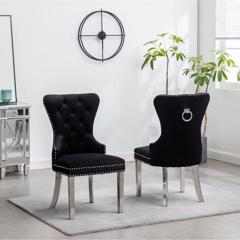 Tufted Velvet Dining Chairs, Nail Head Trim Chairs, Blue Kitchen Side Comfy Chairs, Banquet Club Guest Office Chairs Set of 2