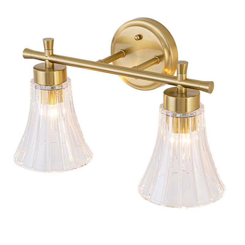 Gold Metal Wall Sconce Ribbed Trumpet Glass Shade for Bathroom Vanity