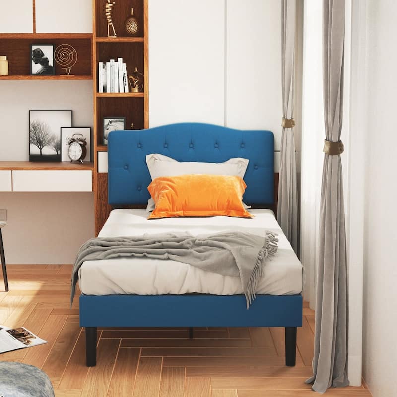 VECELO Modern Upholstered Kids Bed with Height Adjustable Tufted Headboard,Twin Size Bed Set of 2