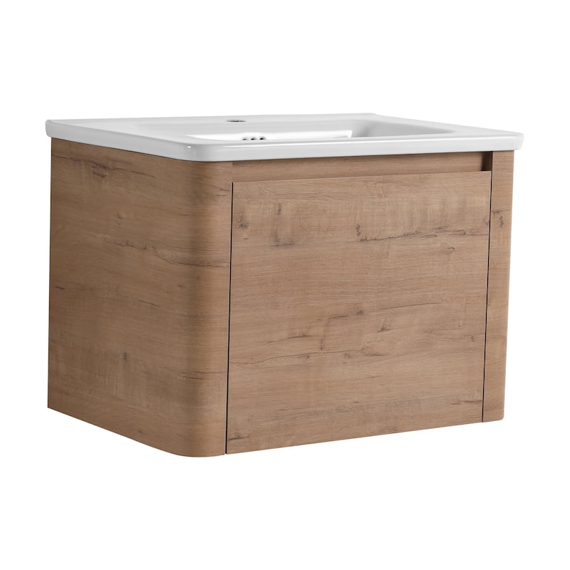 28'' Wall-Mounted Bathroom Vanity with White Ceramic Sink & 1-Soft-Close Door, KD-Packing, Plywood