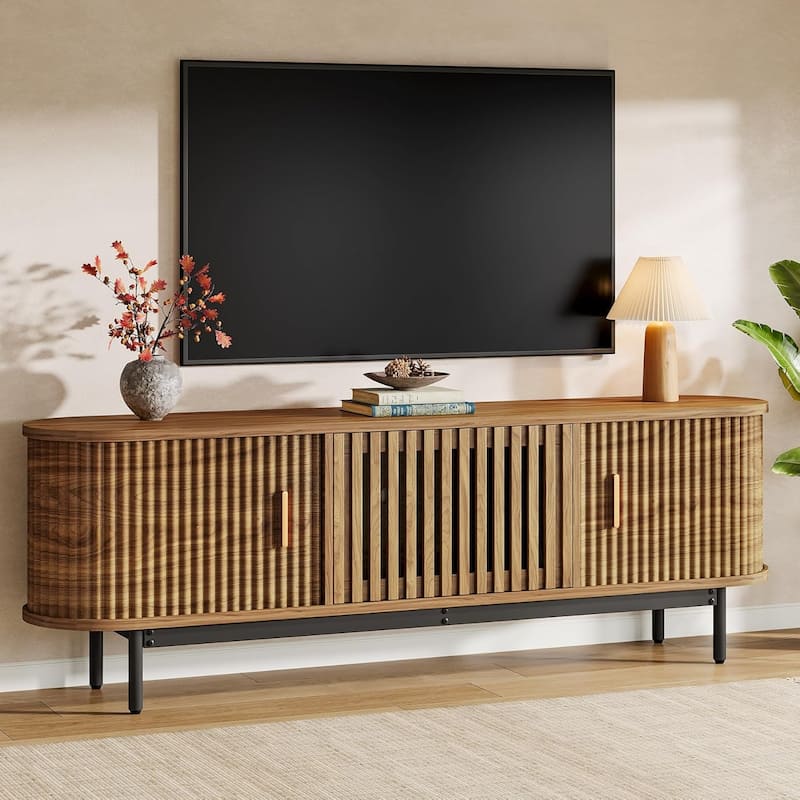 70" TV Console, Mid-Century Modern Media Entertainment Center for TVs up to 80" - 70" W x 15.75" D x 23.62" H - Brown
