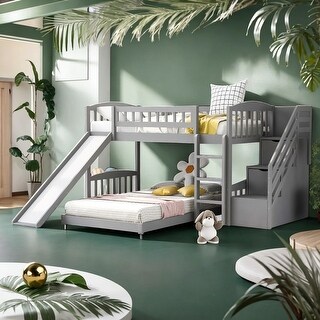 Stairway Twin over Twin Bunk Bed with Two Drawers and Slide, Grey - Bed ...