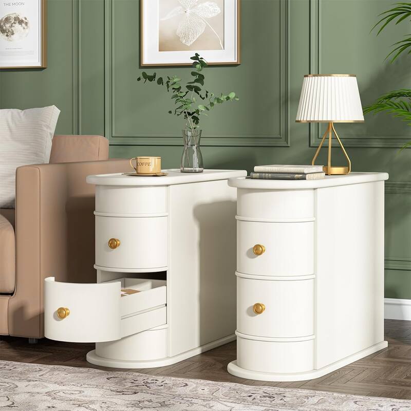 Solid Wood End Table with Storage No Assembly Required - 2PCS - White