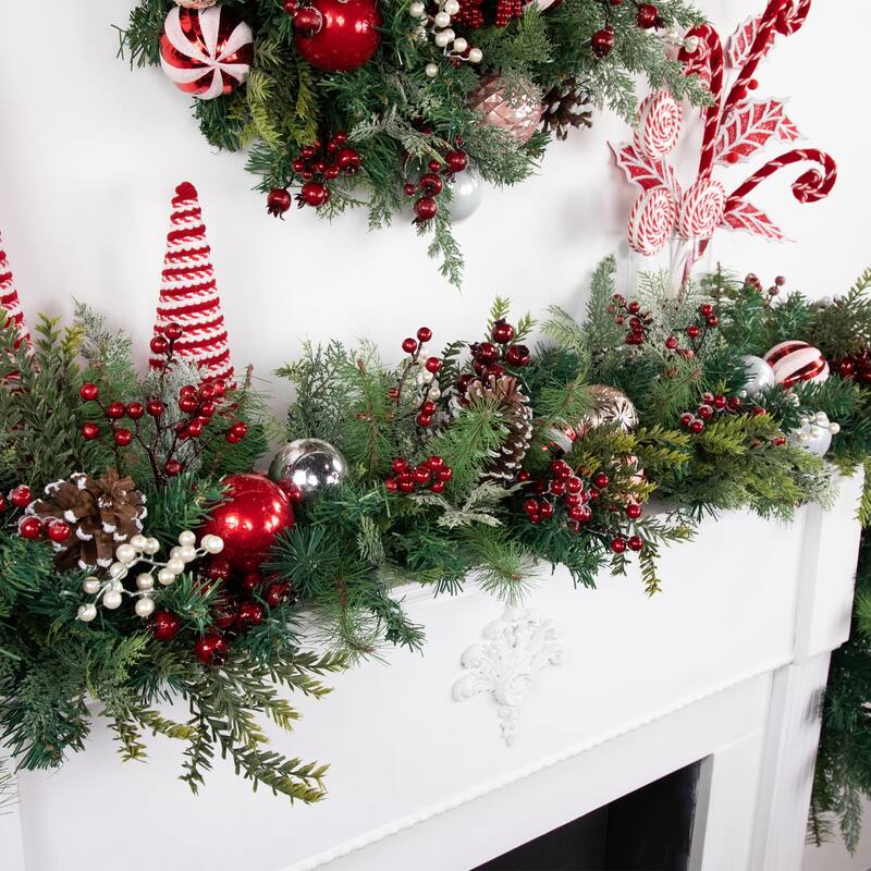 7' Green, Red White Peppermint Decorated Artificial Christmas Garl