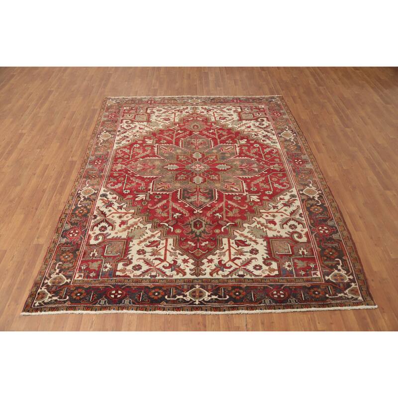 Hand Knotted Oriental 100% Wool Carpet Traditional Medallion Red Heriz Area Rug - 9' 2'' X 7' 3''