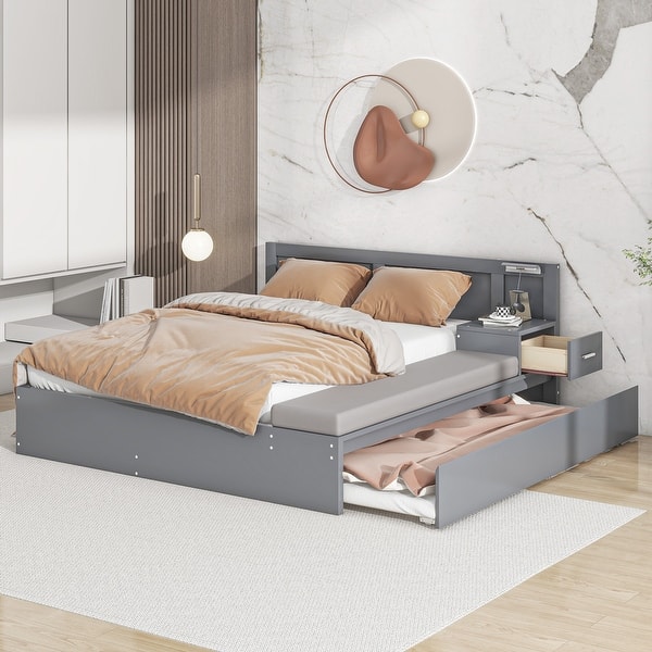 slide 2 of 30, Grey Full Size Wood Platform Bed with Storage, Trundle, Side Table, and Lounge Grey