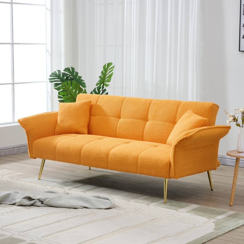 Convertible Sofa Couch Sleeper Sofa with Adjustable Backrest, Yellow Velvet Folding Sofa Bed with Wood Frame