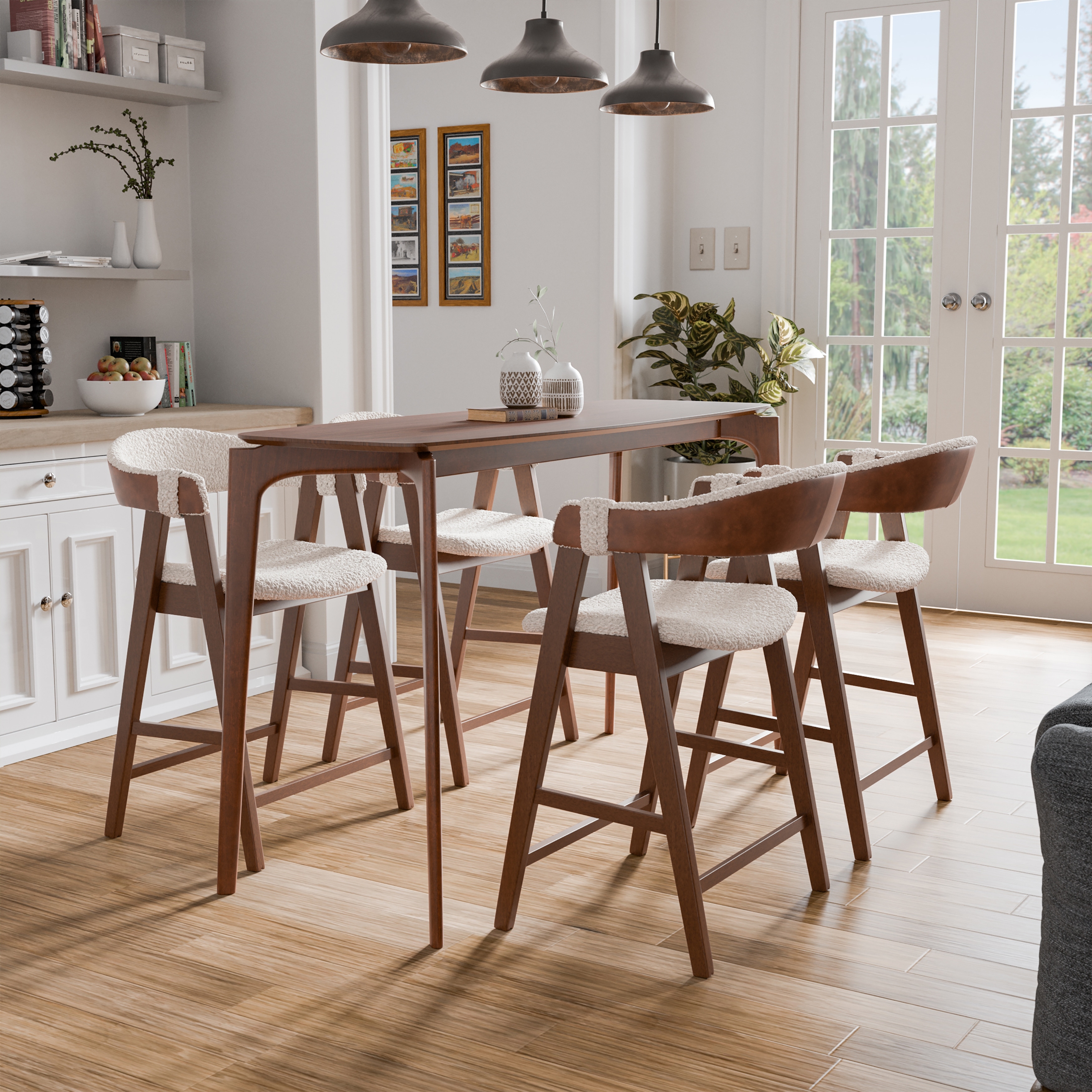 Furniture of America Shaw Mid-century 5-Piece Walnut Wood Counter Height Dining Table Set