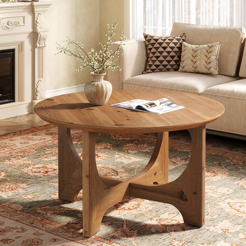 Solid Wood Round Coffee Table, Center Cocktail Accent Table for Living Room