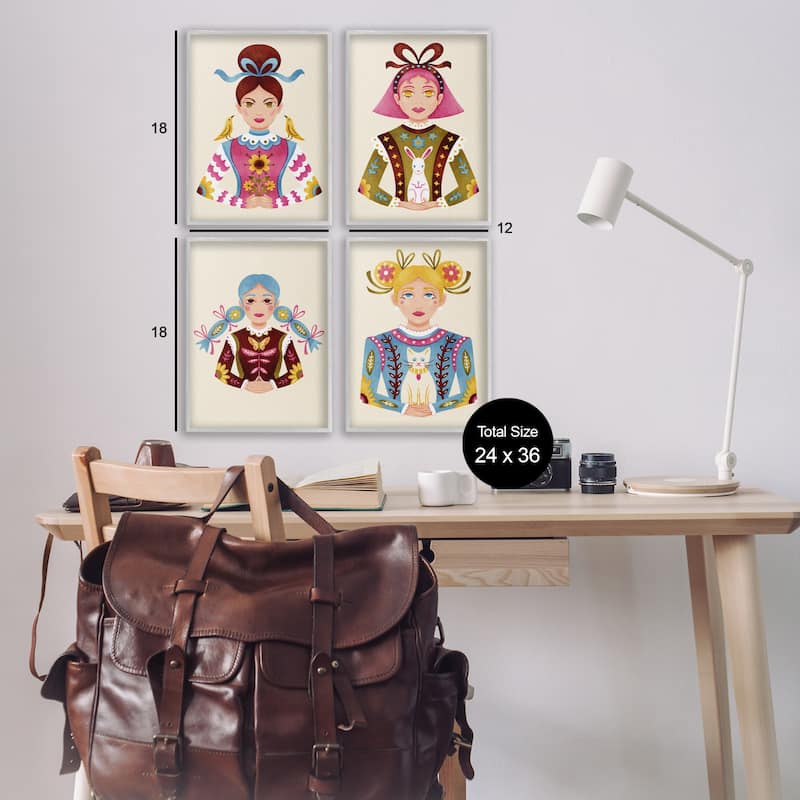 Stupell Floral Folk Women Portraits Framed Giclee Art Design By Hannah Moren (Set of 4)