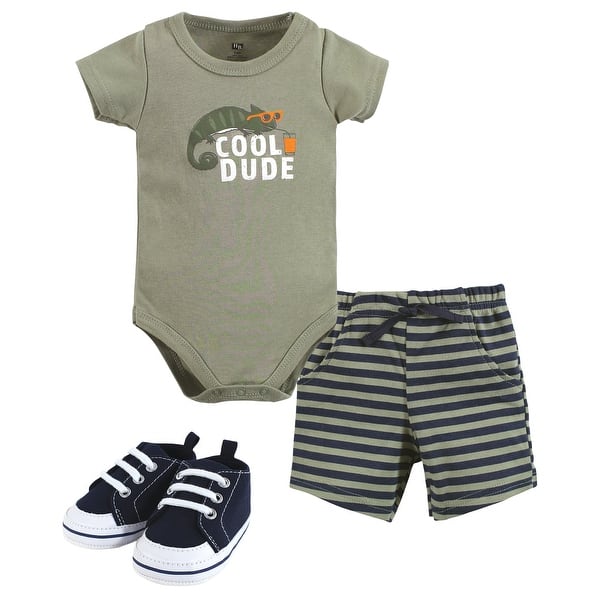 slide 1 of 1, Hudson Baby Infant Boy Cotton Bodysuit, Shorts and Shoe Set, Cool Dude 0-3 Months - Cool Dude