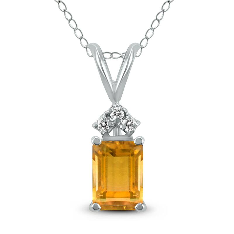Marquee 14K White Gold 7x5MM Emerald Shaped Citrine and Diamond Pendant