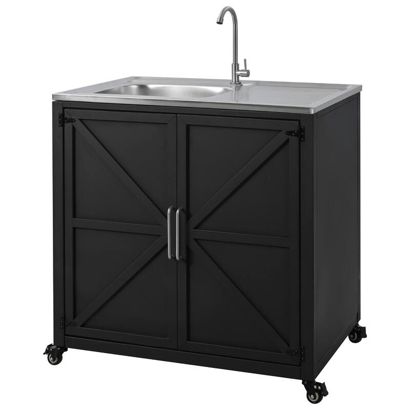 Roomfitters Outdoor Modular Kitchen Sink Station with Movable Cabinet for Patio Garden, Matte Black