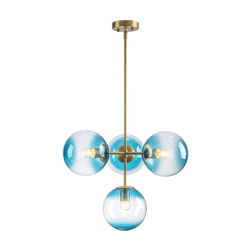 4-Light Modern Tiered Linear Sputnik Pendant Light in Brushed Gold/Black with Gradient Blue Glass Globes
