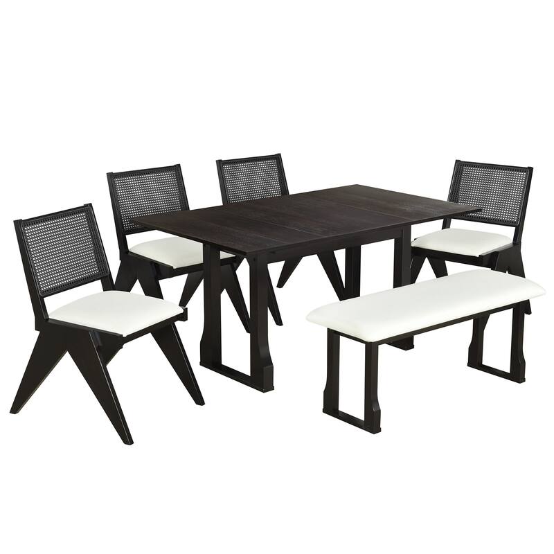 Modern 6-Piece Extendable Dining Table Set with 4 Wicker Upholstered Dining Chairs and Long Bench for Kitchen Living Room