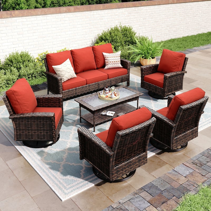 MAISON ARTS Extra-Large Patio Wicker Sofa Conversation Set with Coffee Table, Oversize Seat with 5.5'' Thick Padded Cushion - 7 Seats + 47'' Table - Red