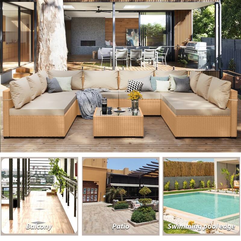 Patio Watcher Patio Conversation Set 9-Piece Yellow Wicker Sectional Seating Group with Cusions