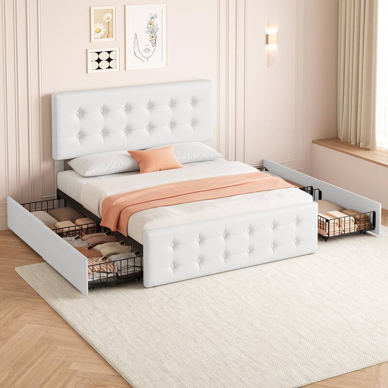Full Bed Frame with Headboard and 4 Storage Drawers, Platform Bed Frame Square Stitched Button Tufted