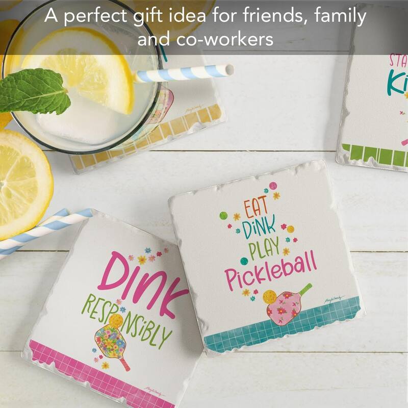 Pickleball 4-Pack Tumbled Tile Stone Coasters with Protective Cork Backing 4" Square Made in The USA Artistic Absorbent
