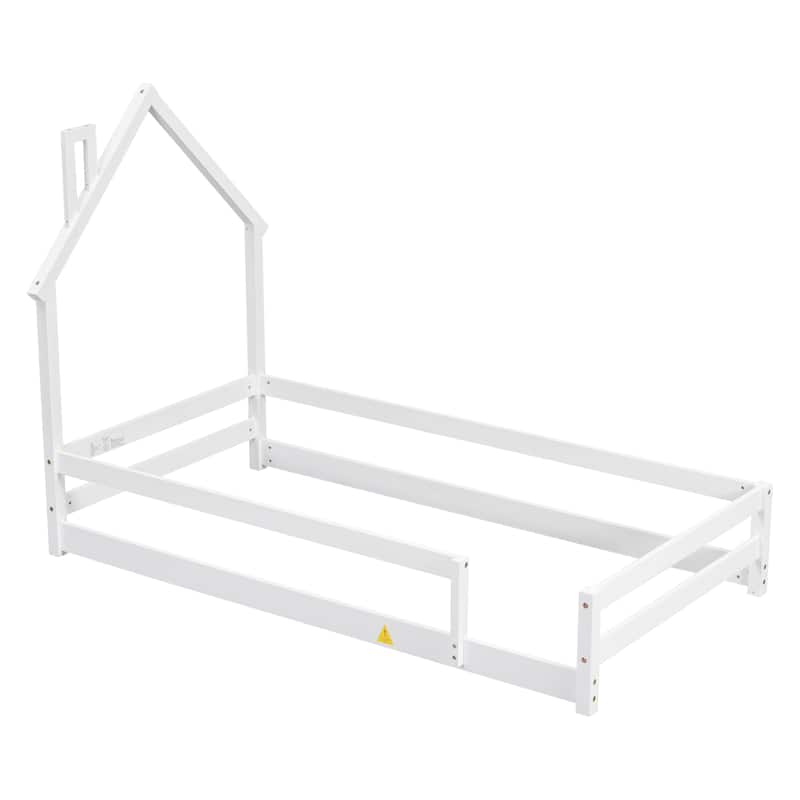 Twin Size Wood bed with House Shaped Headboard Floor Bed with Fences