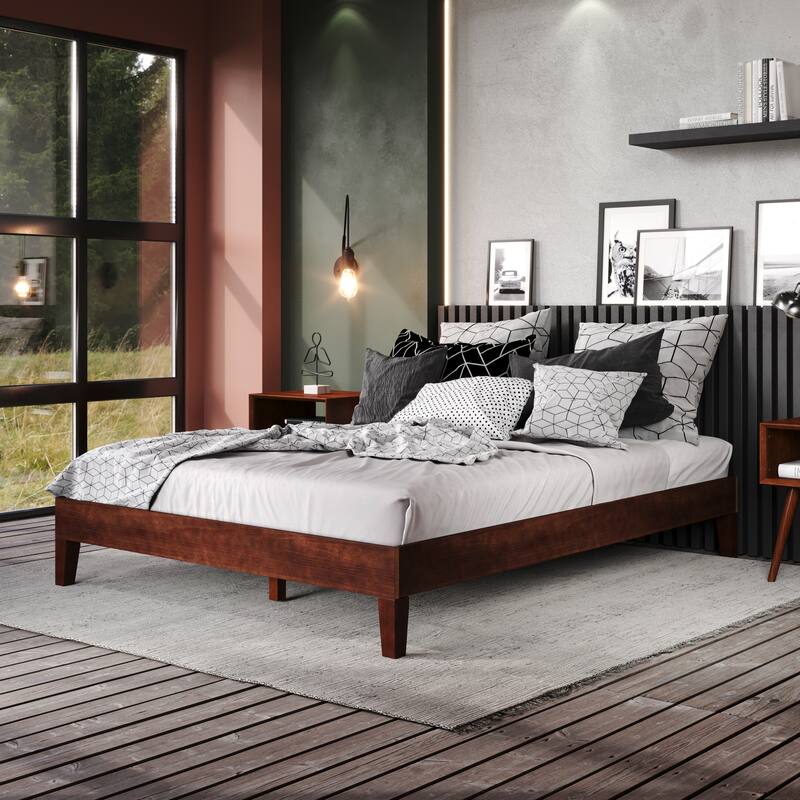 Queen Size Wood Platform Bed with 28-Slat Support System - Dark Brown