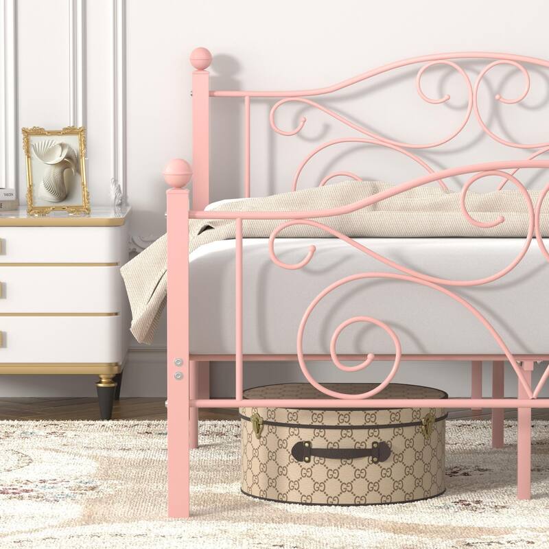 Javlergo Metal Bed Frame with Arched Roman Column Headboard and Footboard Heavy Duty Steel Slat Support No Box Spring Needed