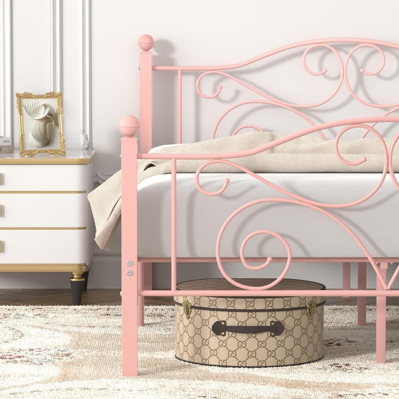 VECELO Metal Platform Bed Frame with Roman Column Floral Scrollwork Headboard No Box Spring Needed Twin/Full/Queen Size