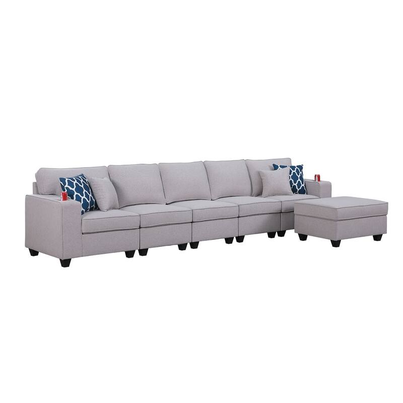Linen Upholstered 5-Seater Sofa with Ottoman in Light Gray