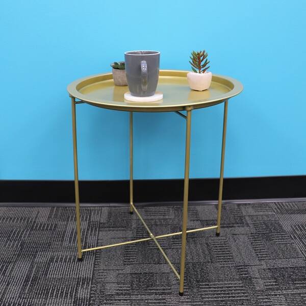 Foldable Round Multi Purpose Side Accent Metal Table Brushed Gold Overstock 31255386 Obviously, one side of the legs would had to fold inside the other side for this to work. overstock com