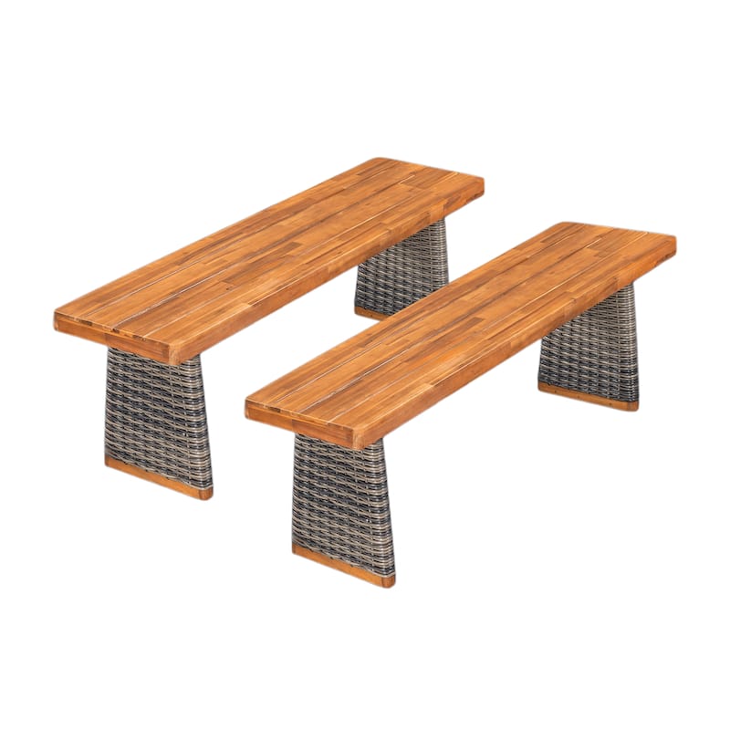 Outdoor Acacia Wood Bench(Set of 2), Teak Finish+ Grey Wicker