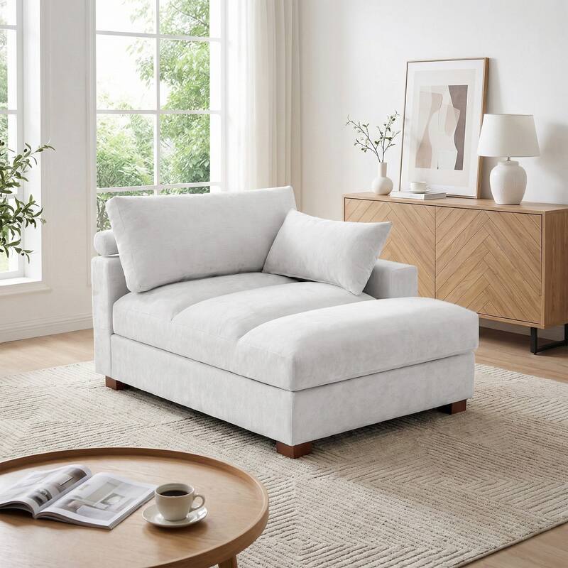 Mid-Century Chenille Adjustable Headrest Chaise Lounge Sofa - Off White - Right Facing