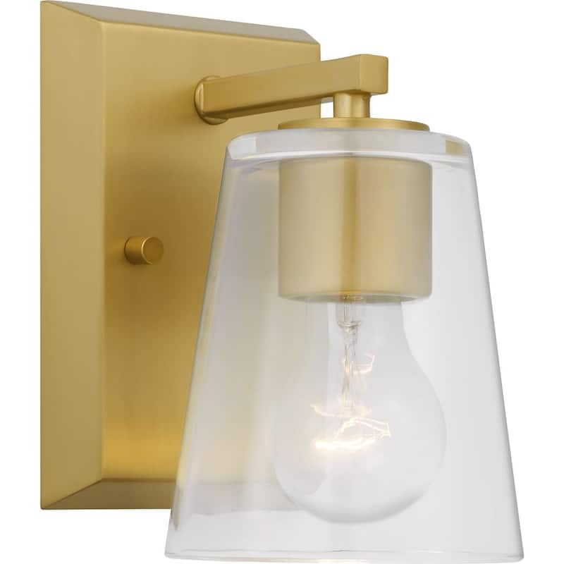 Vertex Collection One-Light Brushed Gold Clear Glass Contemporary Bath Light - 4.75 in x 6.25 in x 7.5 in