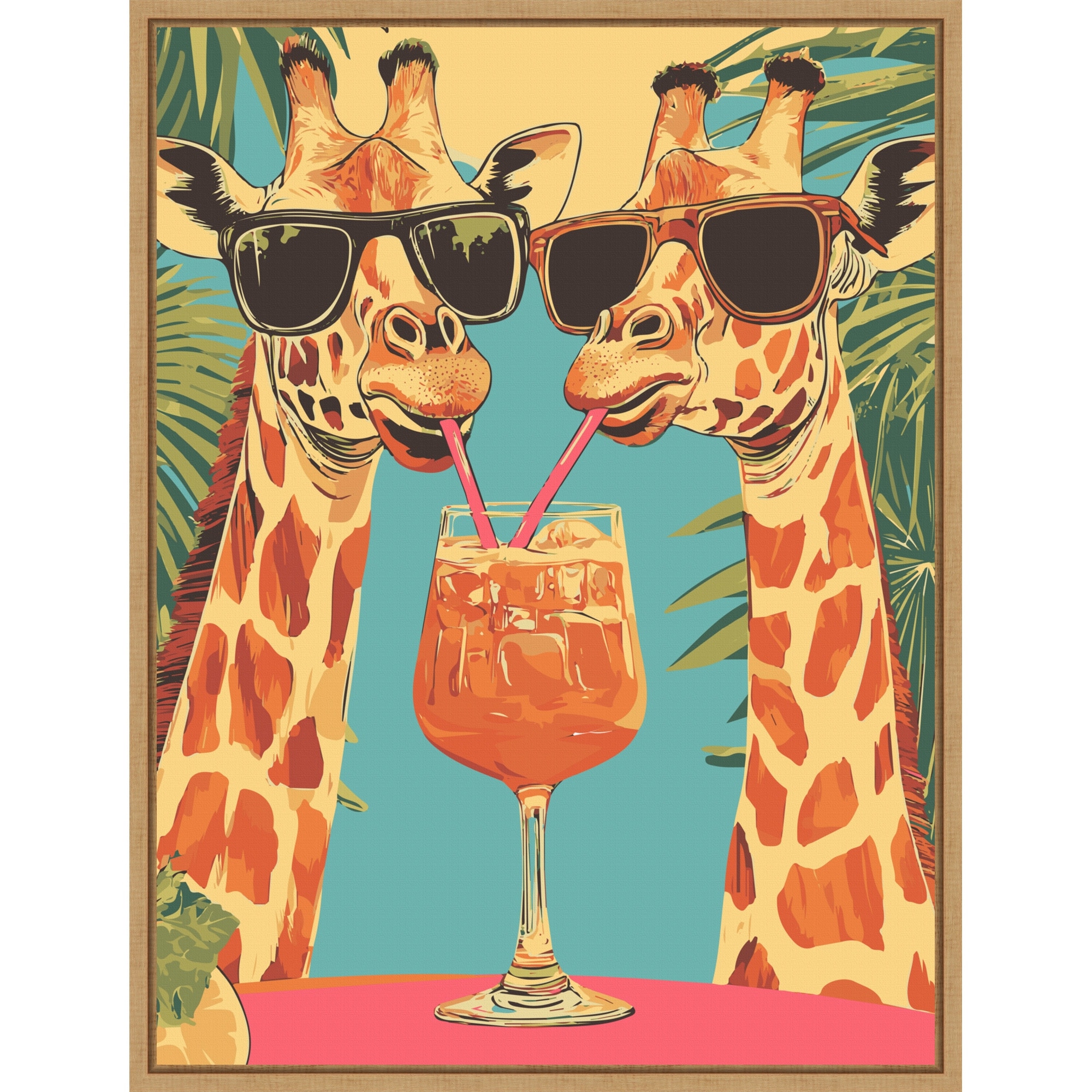 Giraffes Sharing a Drink by Andreas Magnusson Framed Canvas Wall