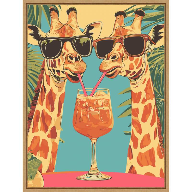 Giraffes Sharing a Drink by Andreas Magnusson Framed Canvas Wall Art