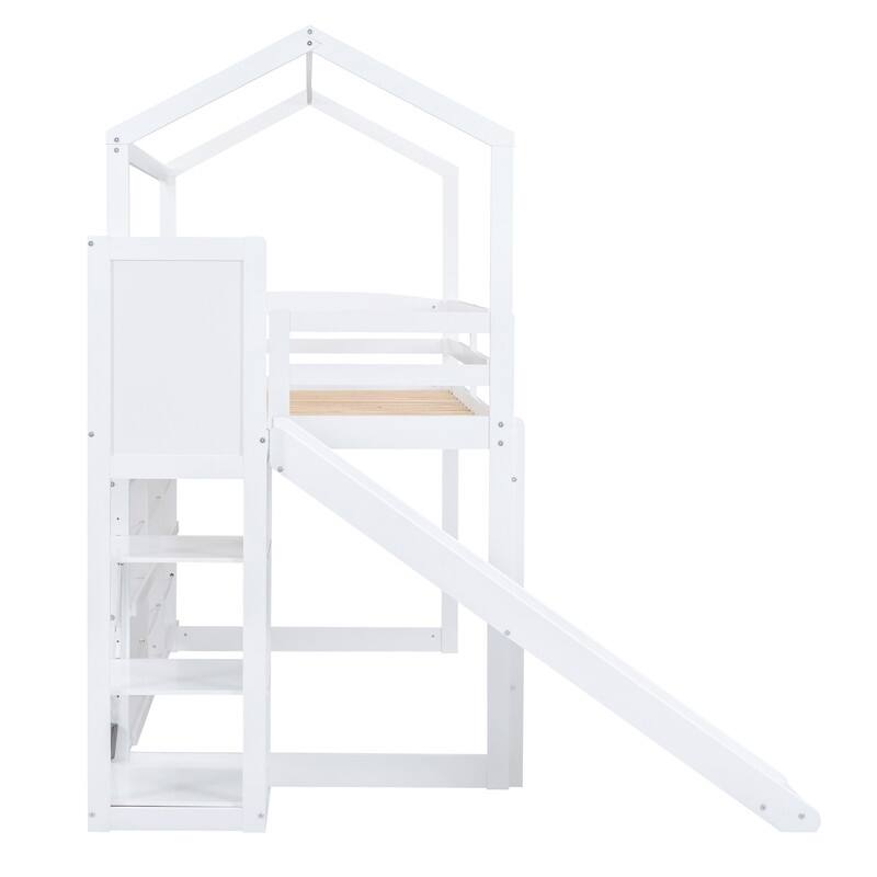 Wood House Loft Bed with Slide,Storage Shelves,Climbing Ramp and Light