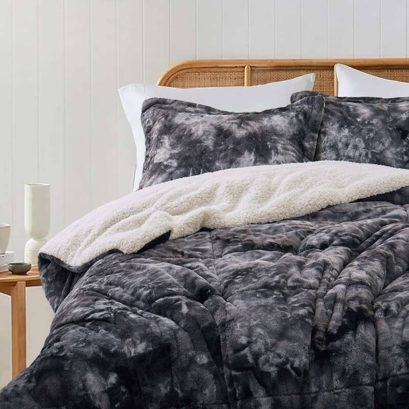 Dual-Side Fluffy Sherpa Comforter Set, Winter Plush Fuzzy Bedding Set