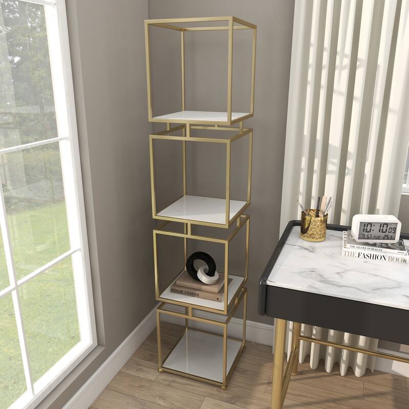 Gold Metal Cube Shelving Unit with 4 Marble Shelves