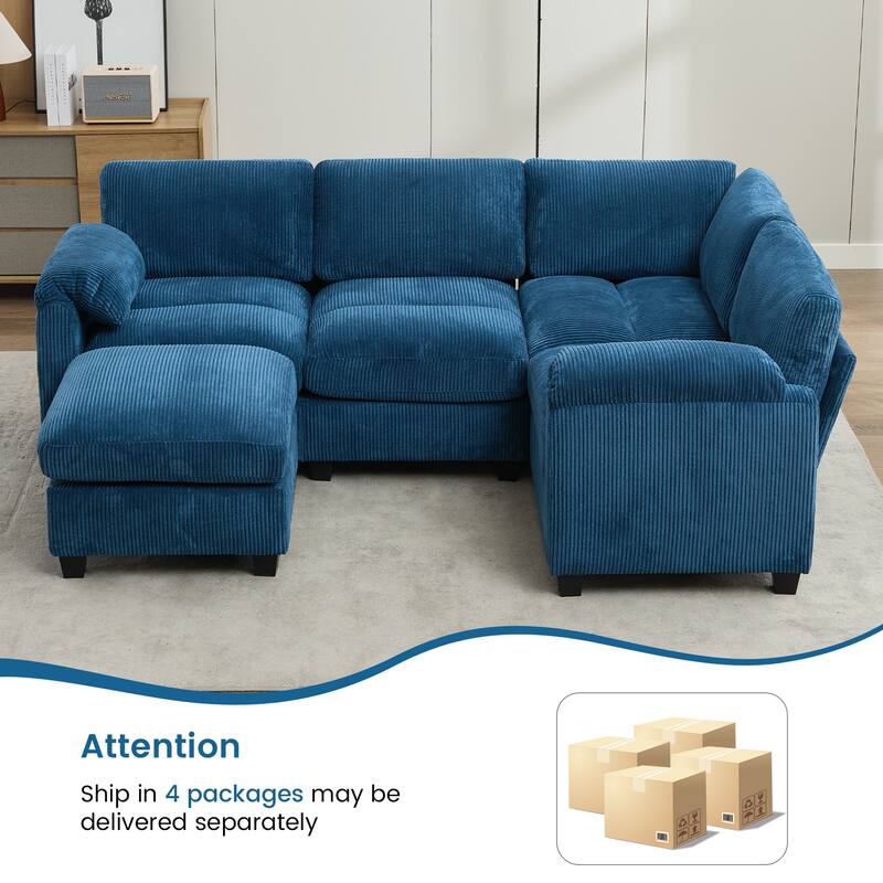 5-Seater Corduroy Sectional Sofa, Removable Ottoman, Modular Design