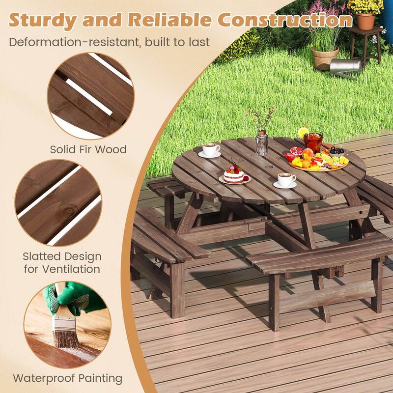 Costway 8-Person Round Picnic Table Set with 4 Built-in Benches 2" - See Details
