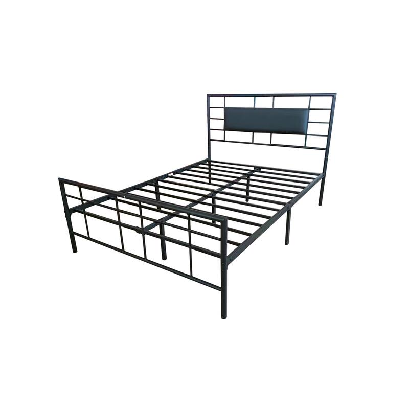 NNV Full Size Platform Metal Bed Frame with Leather Upholstered Headboard