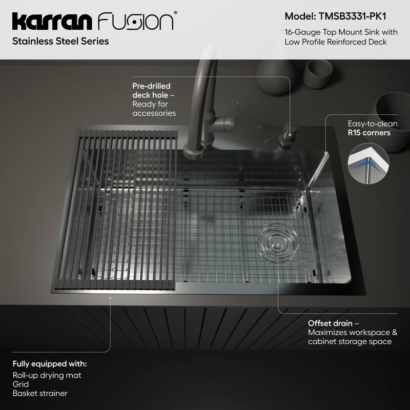 Karran Fusion Top Mount 33-in x 22-in Stainless Steel Extra-Large Single Bowl Kitchen Sink