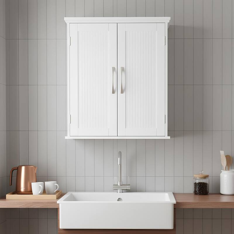 Teamson Home Removable Wall Cabinet with Beadboard Doors & Adjustable Shelf, White Storage for Bathroom, Kitchen or Laundry Room - White