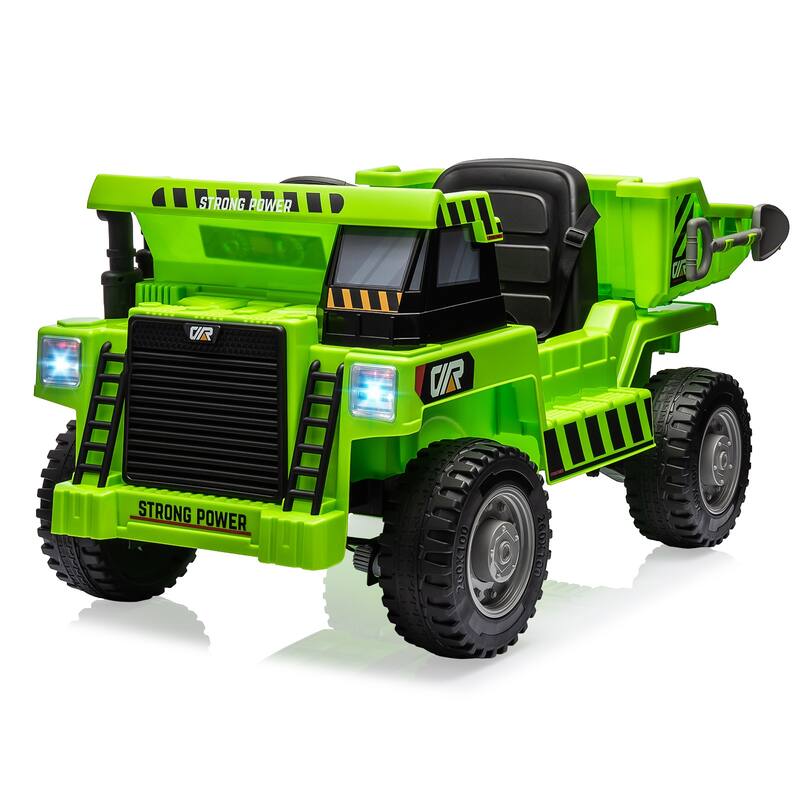 12V Electric Kids Ride-on Dump Truck Toy Car with Dumping Bed, Shovel - Green
